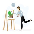 Female artist stands at an easel and draws picture. Funny caucasian, woman painter is holding brush and palette, process of Royalty Free Stock Photo