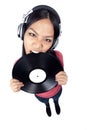 Female Asian DJ biting a record Royalty Free Stock Photo