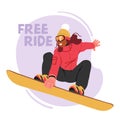 Female Athlete Character Zoom Down Snowy Slopes, Carving Through Fresh Powder On Free Ride Snowboard
