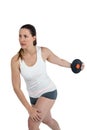 Female athlete playing discus throw on white background Royalty Free Stock Photo