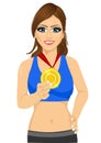 Female athlete showing her gold medal