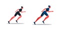 Female athlete starting her sprint on a running track. Two vector illustrations of a sporty girl running in fashionable