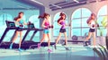 Female athletes exercising at a gym, fit smiling girls on treadmills, cartoon modern illustration showing female athlete Royalty Free Stock Photo