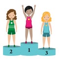 Female athletes on the podium. Olympics cartoon. Royalty Free Stock Photo