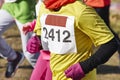 Female athletic runners on a cross country race. Outdoor circuit