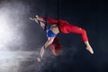 Female athletic, sexy and flexible aerial circus artist with redhead on aerial straps on black background Royalty Free Stock Photo