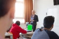 Female attractive professor explain lesson to students and interact with them in the classroom.Helping a students during class