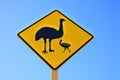 Female Australian emu and baby emu silhouette cut out on a road sign Royalty Free Stock Photo