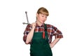 Female auto mechanic with lug wrench isolated on white background Royalty Free Stock Photo