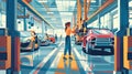 Female automotive engineer supervises the assembly line inside a modern electric car factory Royalty Free Stock Photo