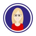 Smiling girl face with blond long hair, brown eyes and glasses. Isolated vector illustration.