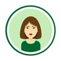 Female avatar. Cute woman portrait on green background. Girl face with medium length brown hair and brown eyes Royalty Free Stock Photo