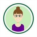 Smiling girl face with brown hair, bun hairstyle, green eyes and glasses. Isolated vector illustration. Royalty Free Stock Photo