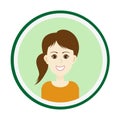 Smiling girl face with brown hair and side pony tail hairstyle and brown eyes. Isolated vector illustration. Royalty Free Stock Photo