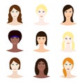 Female avatar set, woman faces icons. White and black young girls with various hair style. Female character design Royalty Free Stock Photo