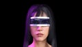 Female avatar wearing VR glasses in metaverse virtual world, 3d render
