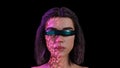Female avatar wearing VR glasses in metaverse virtual world, 3d render