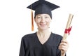 Female bachelor in mantle holding diploma Royalty Free Stock Photo