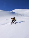 Female backcountry skier enjoys a great powder snow descent in deep winter in the Swiss Alps