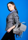 Female bag fashion. business. Shool girl with knapsack. girl student in formal clothes. student life. Smart beauty. Nerd Royalty Free Stock Photo