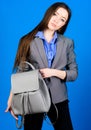 Female bag fashion. stylish woman in jacket with leather backpack. business. Shool girl with knapsack. girl student in