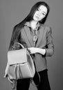 Female bag fashion. stylish woman in jacket with leather backpack. business. Shool girl with knapsack. girl student in