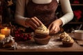 Female baker decorating cupcake with chocolate. Generate Ai