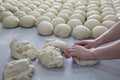 Female baker kneading dough