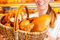 Female baker selling bread by basket in bakery Royalty Free Stock Photo