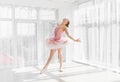 Elegant female ballet dancer in pink tutu practicing and smiling Royalty Free Stock Photo