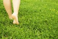 Female bare feet on mawed lawn grass. Young woman resting outdoors barefoot, take a break concept. Student on college campus yard. Royalty Free Stock Photo