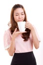 Female barista, bartender or housewife smelling coffee aroma