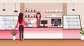 Female barista coffee shop worker serving woman client giving glass of hot drink waitress standing at cafe counter