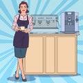 Female Barista with Cup of Coffee in Cafe. Pop Art retro illustration
