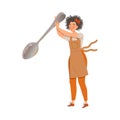 Female Barista with Curly Hair Wearing Apron Preparing Coffee Drink Stirring with Spoon Vector Illustration