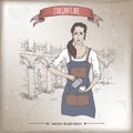 Female barista hand drawn vector color sketch.