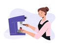 Female barista making coffee, preparing espresso standing in front of professional coffee machine, young woman working Royalty Free Stock Photo