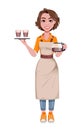 Female barista serving coffeeFemale barista serving coffee. Coffee business concept