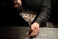 Bartender spraying cocktail with branch of white leaves