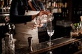 Female bartender pouring an alcoholic drink from the measuring g Royalty Free Stock Photo