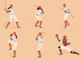 Female baseball players isolated characters vector set. Girls players figures with baseball bat and ball on a field