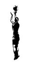 Female basketball player, woman shoots the ball at the basket, jump shot, isolated vector silhouette, rear view