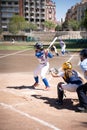 A female batter ready to hit the ball and the catcher behind tries to catch it in a baseball match in the Turia river in Valencia