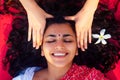 Female beautician doctor with patient make procedure to beautiful indian girl.close up portrait of asian woman closed Royalty Free Stock Photo