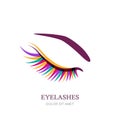 Female eye with colorful eyelashes. Vector logo, emblem design. Concept for beauty salon, cosmetics, visage and makeup. Royalty Free Stock Photo