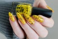 Female beautiful hand with long nails and a yellow nail polish Royalty Free Stock Photo