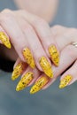 Female beautiful hand with long nails and a yellow nail polish Royalty Free Stock Photo
