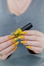 Female beautiful hand with long nails and a yellow nail polish Royalty Free Stock Photo