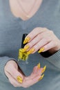 Female beautiful hand with long nails and a yellow nail polish Royalty Free Stock Photo