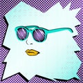 Female lips and sunglasses in pop art style on the white halftone frame